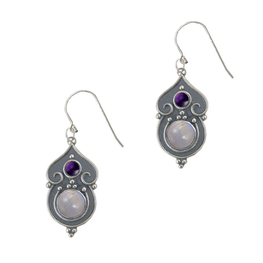 Sterling Silver Gothic Inspired Drop Dangle Earrings With Rainbow Moonstone And Amethyst